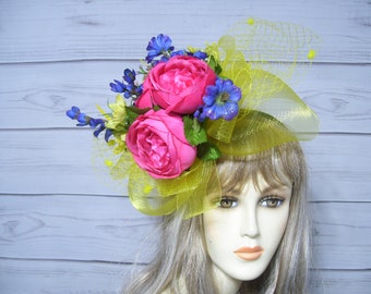 Large Yellow and Pink Fascinator Kentucky Derby Fascinator Hat, Flower Tea Party Hat, Ascot Hatinator, Belmont, Preakness Hat, USA