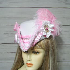 Ladies Tricorn White and pink Hat, Marie Antoinette Tricorn Hat, 1800s Style Hat, Gasparilla Hat, Rococo, Halloween, Renaissance