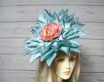 14" Blue Succulent Flower Kentucky Derby Fascinator, Arboretum Event Hat, Horse Racing Tea Party Alice in Wonderland Flower Hat