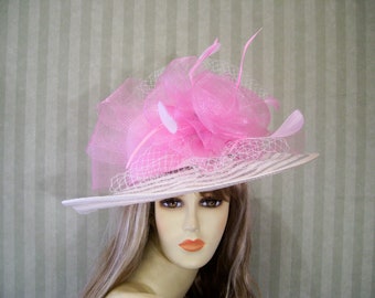 Ladies Ivory and Pink Hat, Kentucky Derby Hat, Wedding Wide Brim Hat, Garden Party Hat Horse Racing Hat, Bridal Hat, Church Hat, Tea Party