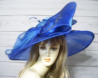 Ladies Royal Blue Hat, Kentucky Derby Hat, Wide Brim Hat, Victorian, Wedding, Church, Mothers Day Hat