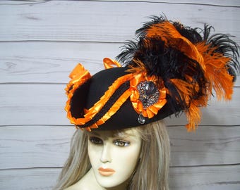 Black and Orange Pirate Hat, Halloween Pirate Hat, Tricorn Hat, Gasparilla, 22.5" inside