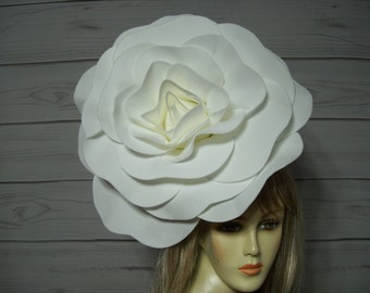 12 Inch White Rose Fascinator, Kentucky Derby Fascinator Hat, White Flower Wedding Fascinator Hat, White Flower Garden Party Tea Hat