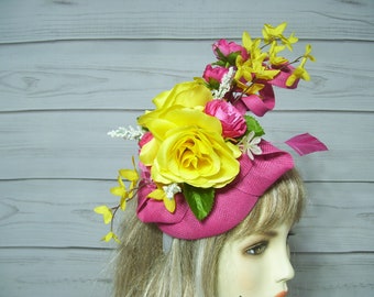 Pink and Yellow Fascinator Kentucky Derby Hat, Tea Party Fascinate, Wedding Headpiece, Ascot Hatinator, Belmont, USA