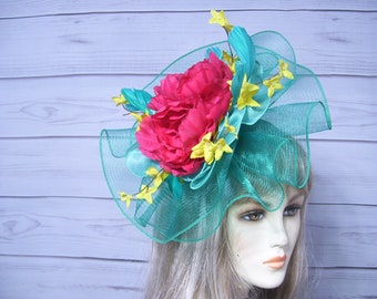 Green and Pink Flower Fascinator, Kentucky Derby Fascinate Hat, Tea Party Hat, Ascot Hatinator, Belmont, Preakness Hat, USA