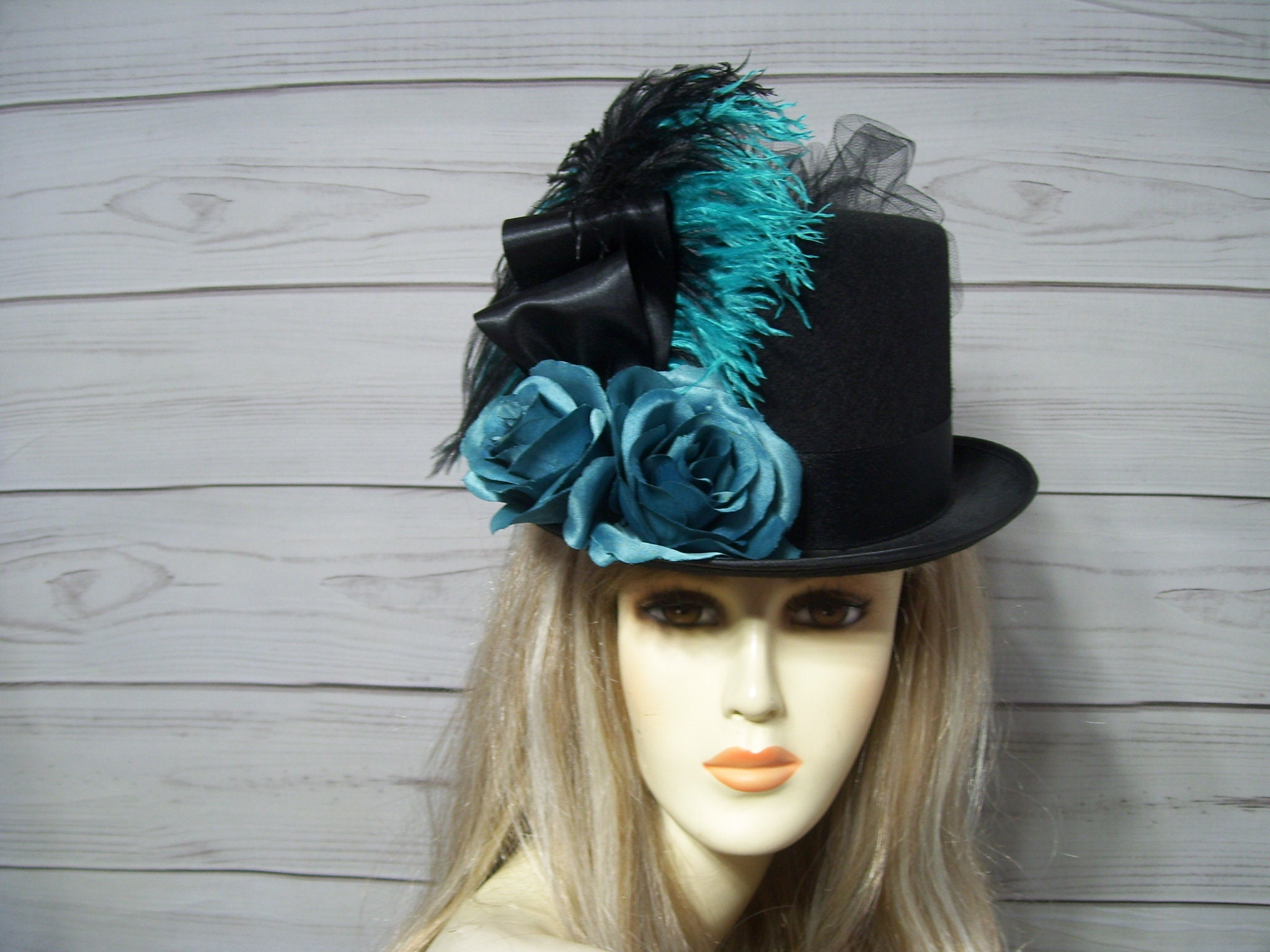 Ladies Black Top Hat With Turq Roses, Kentucky Derby Hat  display picture 1