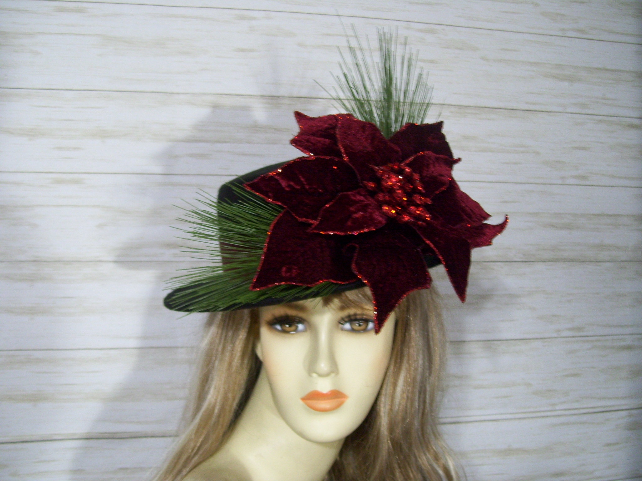 Christmas Party Black Velvet Hat with Poinsettia Christmas Hat Victorian Hat