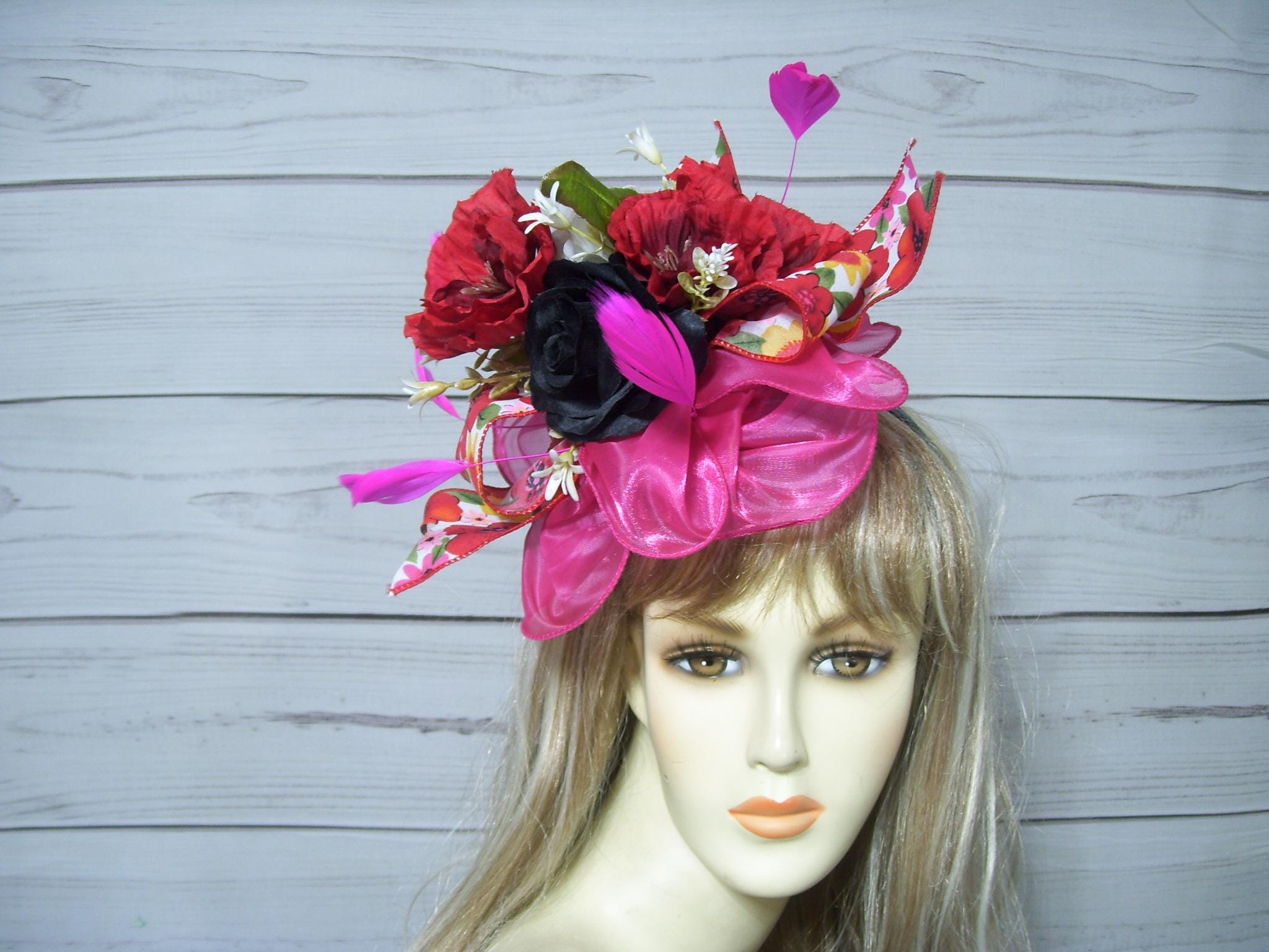 Hot Pink and Poppies Flower Fascinator Kentucky Derby Hat  display picture 3