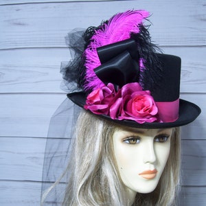 Black Top Hat with Pink Roses, Kentucky Derby Hat, Stevie Nicks Inspired Top Hat, Belmont Horse Races Hat, Ascot Tea Party Top Hat, 22.5