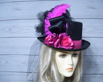 Black Top Hat with Pink Roses, Kentucky Derby Hat, Stevie Nicks Inspired Top Hat, Belmont Horse Races Hat, Ascot Tea Party Top Hat, 22.5