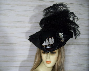 Black Pirate Hat Black Tricorn Hat, Halloween Pirate Hat with Ship, Renaissance Hat, LARP, Steampunk Hat, Jack Sparrow Hat