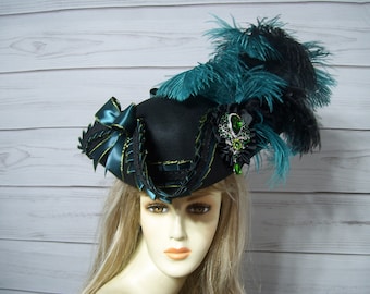 Black Pirate Hat, Black Green Tricorn Renaissance Hat Halloween Pirate Hat, Gasparilla Pirate Jack Sparrow