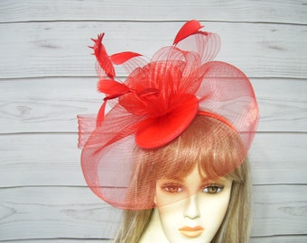 Fancy Red Kentucky Derby Fascinator Hat, Wedding Fascinator, Red Garden Party Tea