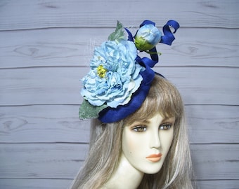 Blue Flower Fascinator, Kentucky Derby Hat, Mother's Day Tea Party Hat, Wedding Ascot Hatinator, Belmont, Car Shows, USA