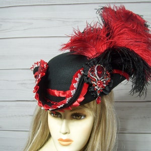 MINI Tricorn Hat, Black and Red Halloween Mini Tricorn, Victorian Tricorn Hat, Marie Antoinette Hat 1800s Style Hat, Mini Pirate Hat