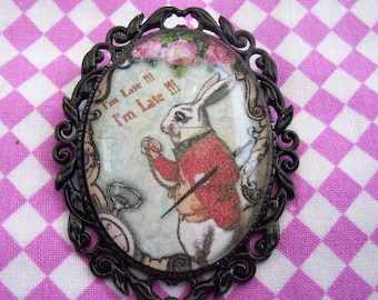 Vintage Style Alice In Wonderland Rabbit Cameo Brooch Pin Tea party Brooch, Birthday Gift, Baby Shower 3 COLOR Setting Choice