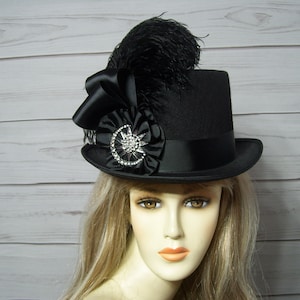 Stevie Nicks Inspired Black Top Hat, Kentucky Derby Top Hat, Steampunk, Victorian Top Hat, Halloween Hat, Wedding, Belmont, Car Show 22.5&quot;