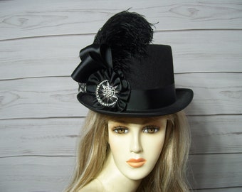Stevie Nicks Inspired Black Top Hat, Kentucky Derby Top Hat, Steampunk, Victorian Top Hat, Halloween Hat, Wedding, Belmont, Car Show 22.5"