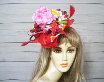 Fascinator with Pink Yellow and Red Flowers Kentucky Derby Hat, Wedding Fascinator, Mother's Day Hat, Garden Party