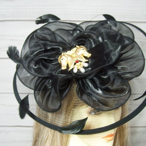 Black Kentucky Derby Fascinator Hat with Horse Pin Brooch, Garden Party hat, Horse Showing Hat, Horse Racing Fascinator