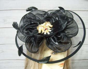 Black Kentucky Derby Fascinator Hat with Horse Pin Brooch, Garden Party hat, Horse Showing Hat, Horse Racing Fascinator