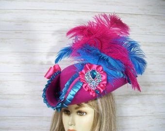 Pink Pirate Hat, Renaissance Hat, Pink Tricorn Hat, Halloween Pirate Hat, Steampunk Hat, Gasparilla Hat, 22.5" inside circ