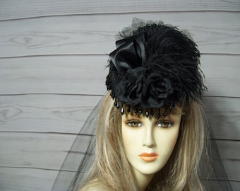 Black MINI Riding Hat, Victorian Mourning Style Hat, Equestrian Hat, Ladies 1800s Style Mini Riding Hat, Beaded Trim, Black Flowers, USA