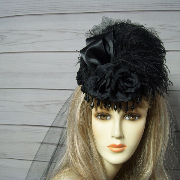 Black MINI Riding Hat, Victorian Mourning Style Hat, Equestrian Hat, Ladies 1800s Style Mini Riding Hat, Beaded Trim, Black Flowers, USA