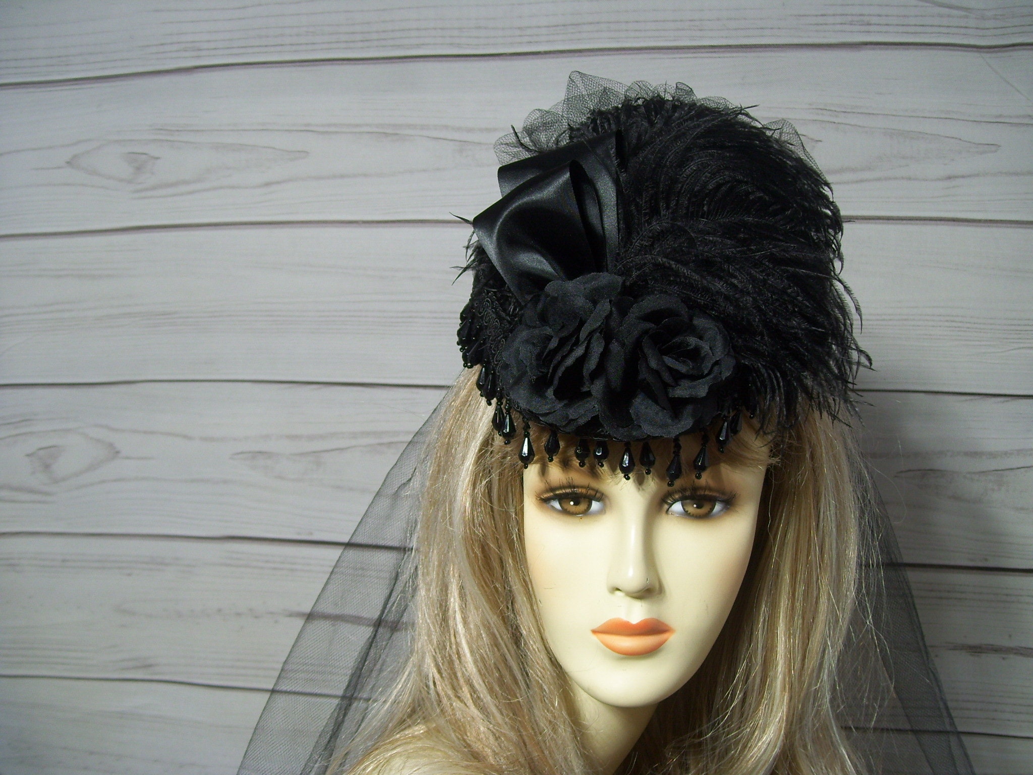 Noir Radiance Black Beaded Fascinator Black Derby Hat Feather Fascinator Black Color Wedding Hat  main image 2
