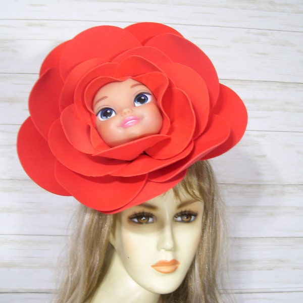 Alice in Wonderland Talking Flower Fascinator Hat, Halloween Face Flower Fascinator, Red Talking Flower, Wedding Garden Party