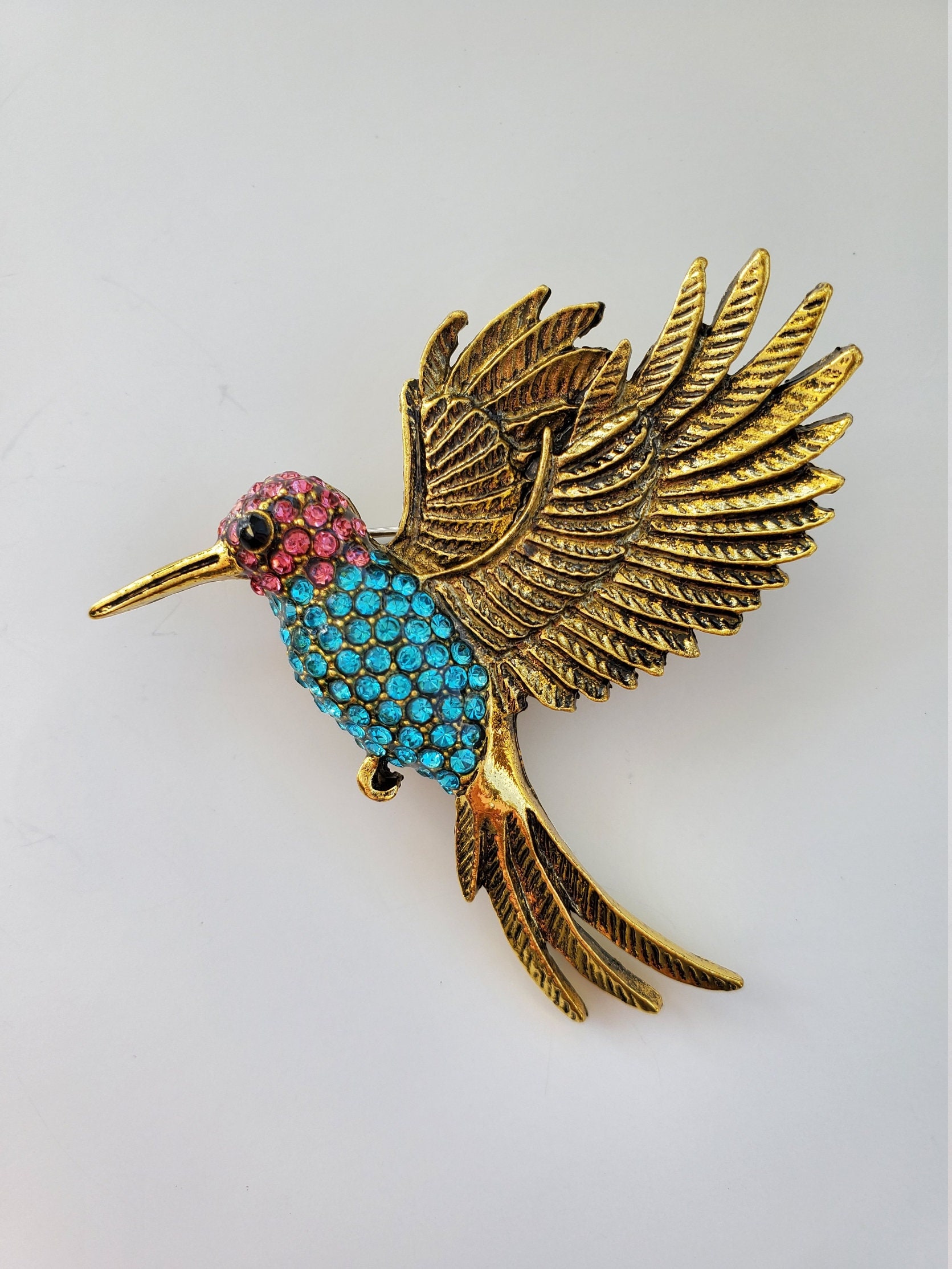 Hummingbird Pin Brooch Pendent Turquoise Rhinestone Hummingbird