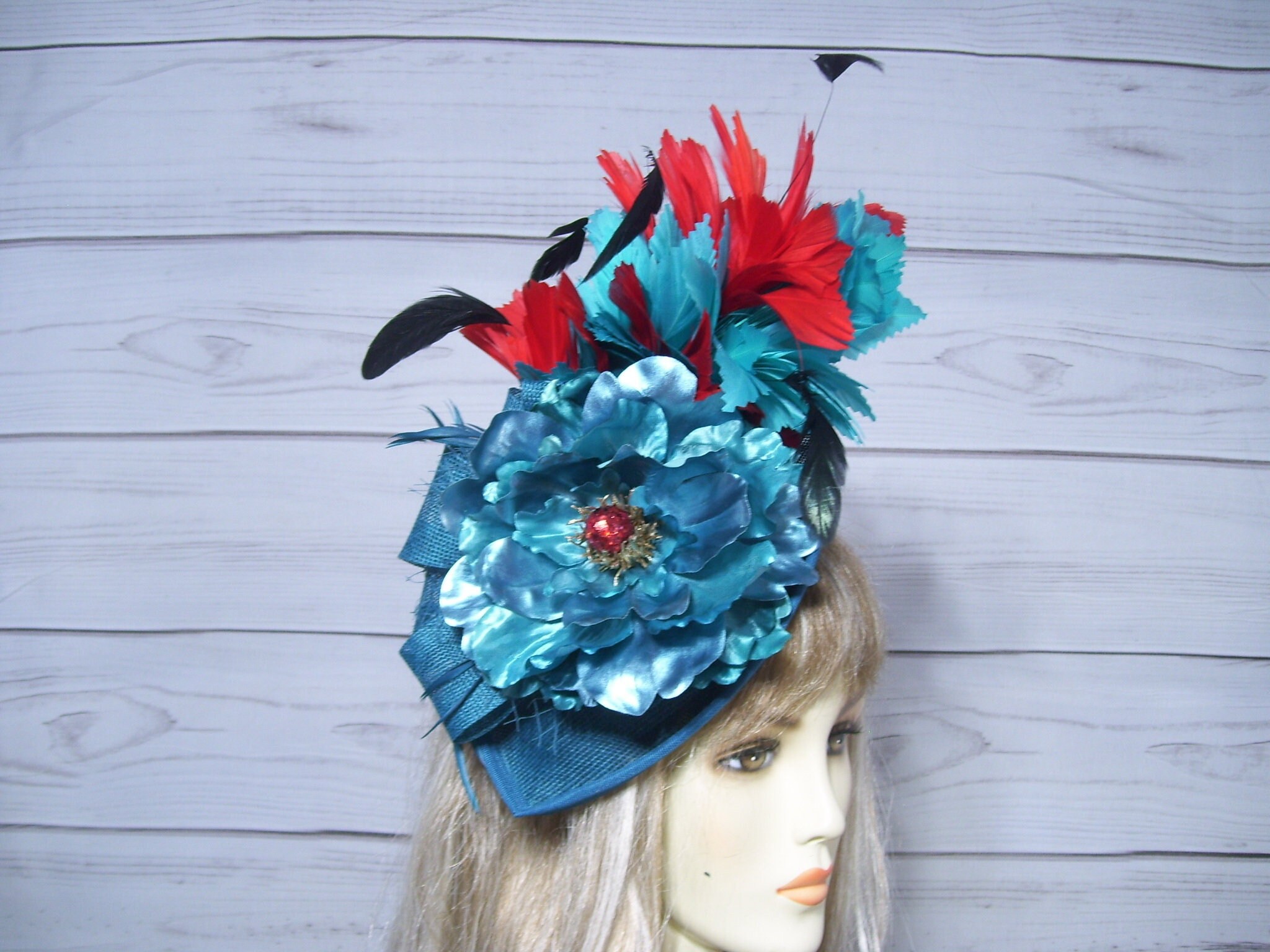 Custom Derby fascinator with Red and Light Blue Accents. Perfect for the races! Blue, Orange and Multicolored Kentucky Derby fascinator  main image 3