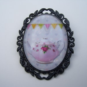 Alice in Wonderland Cameo Pin, Teatime Cameo Pin, Teapot Pin, 3 COLOR Setting Choice