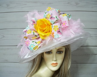 Rosa Kentucky Derby-hatt med fjäder, påskhatt, mors dag, bröllopshatt, hästkapplöpningshatt, Belmont, Preakness-hatt