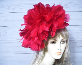 Red Feather Pouf Fascinator Hat, Kentucky Derby Feather Fascinate Hat Belmont Horse Racing