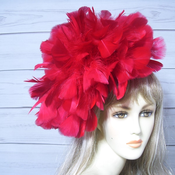 Red Feather Pouf Fascinator Hat, Kentucky Derby Feather Fascinate Hat Belmont Horse Racing