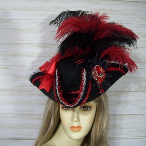 Pirate Hat, Ladies Black and Red Pirate Hat, Black Tricorn Hat, Renaissance Hat, Gasparilla Hat, Halloween, 22.5&quot; inside circ