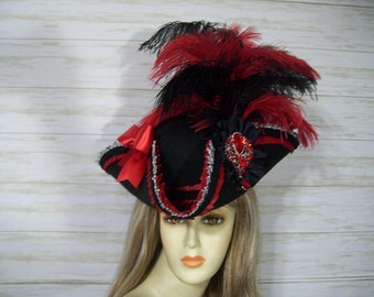 Pirate Hat Black and Red Pirate Hat Black Tricorn Hat Halloween Pirate Hat Renaissance Hat Steampunk Hat Jack Sparrow Hat 22.5" inside circ