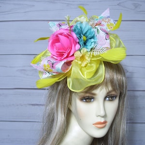 Yellow Fascinator with Colorful Flowers, Kentucky Derby Fascinator Hat, Easter Hat, Wedding Fascinator, Mother&#39;s Day Hat, Garden Party