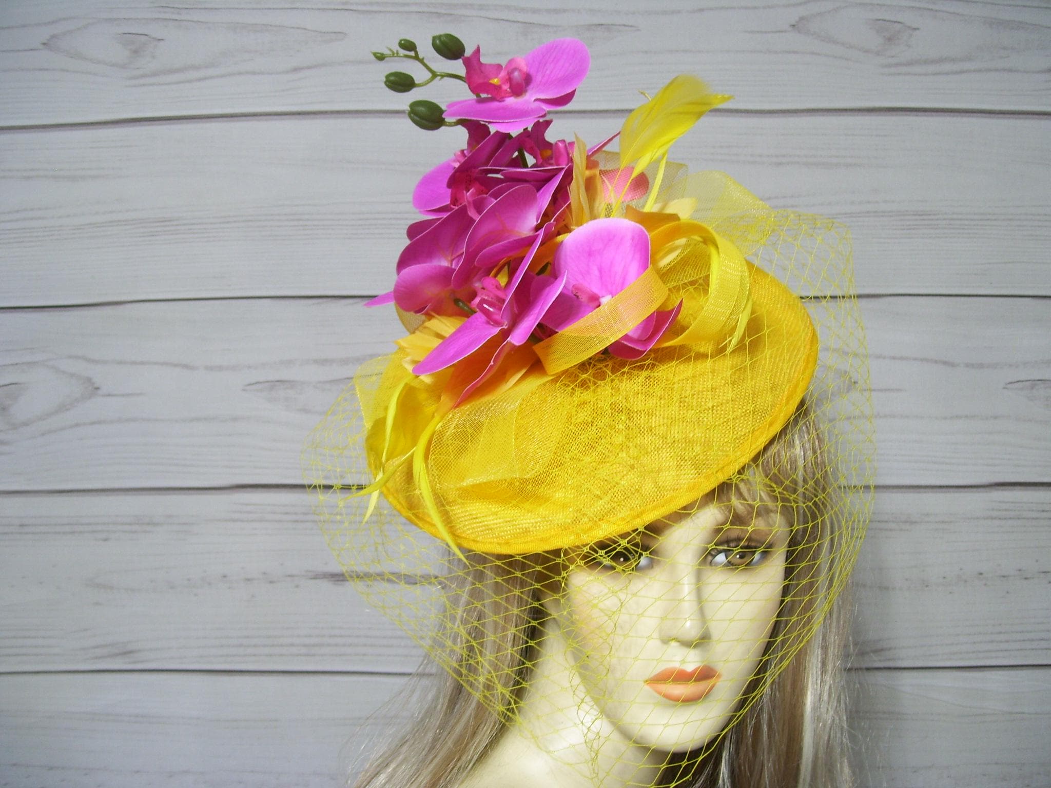 Pink & Yellow Derby fascinator Linda Yellow Pink - Kentucky Derby Hat main image 4