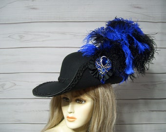 Black Cavalier Hat Black Royal Blue Pirate Hat Black Renaissance Hat Gasparilla Hat 17th Century Black Hat 3 Musketeer Hat