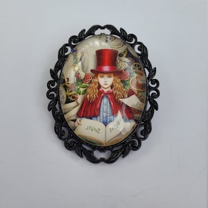 Red Riding Hood Cameo Pin Brooch Alice in Wonderland Cameo Pin Brooch, 3 COLOR Setting Choice