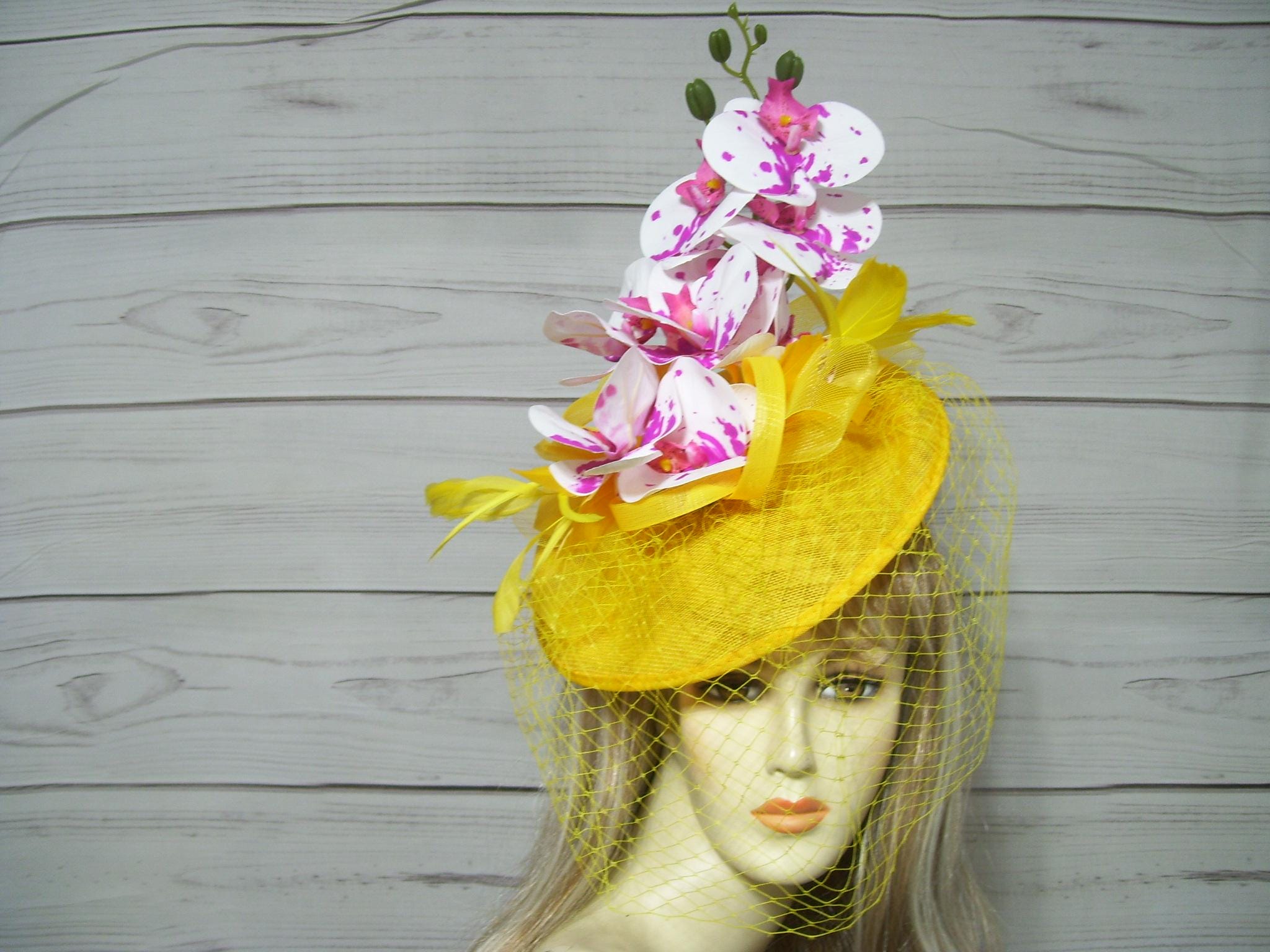 New Derby Hat Statement Yellow Orchid Fascinator Headband & Garden Party Ready kentucky derby hat fascinator bright pink fuchsia orchid  main image 4