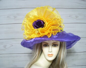 Purple and Yellow Hat, Kentucky Derby Hat, Easter, Mother's Day Hat, Wedding Hat, Horse Races Hat, Belmont, Preakness Hat