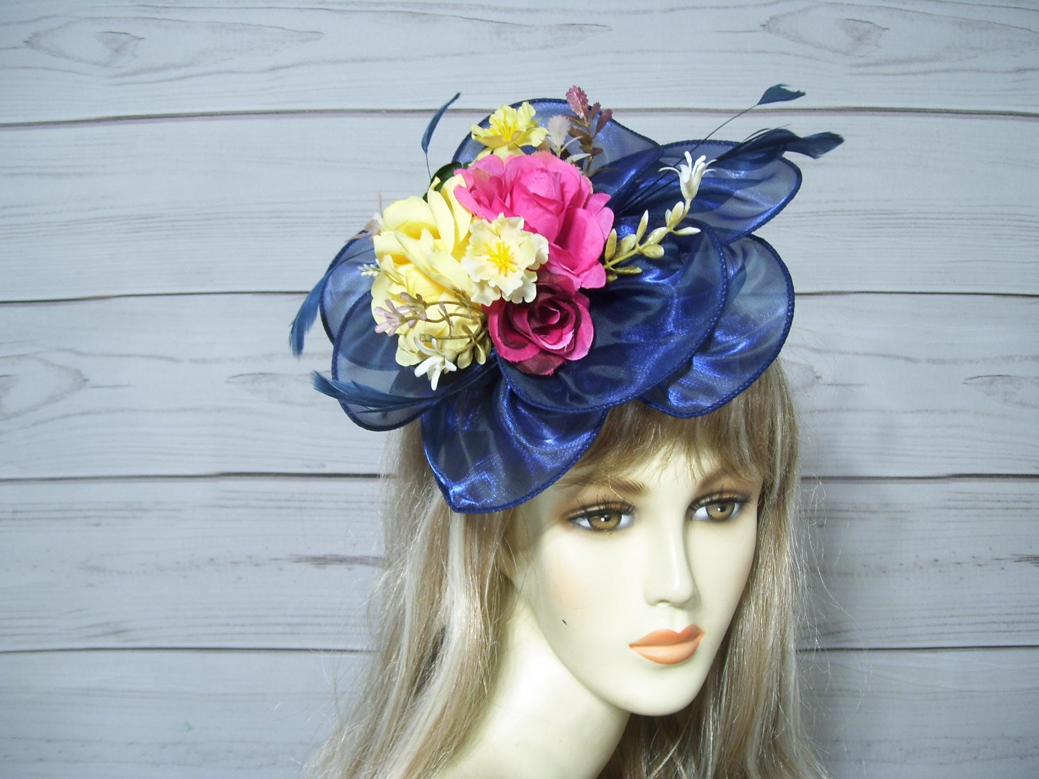 Navy and Pink Flower Fascinator Kentucky Derby Hat, Easter 