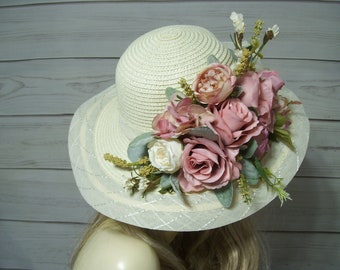 Roses Ivory Hat, Kentucky Derby Hat, Floral Victorian Tea Party Hat, Mother's Day Hat, Wedding Hat, Belmont Hat, Preakness Hat