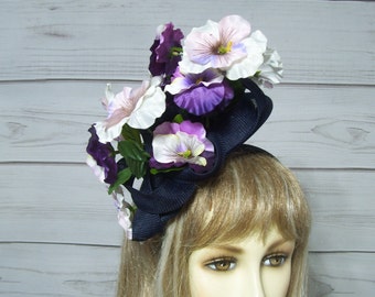 Dam Pansies Fascinator Kentucky Derby Hatt, Tea Party Hatt, Bröllopsfascinator, Ascot Hattinator, Belmont, Bilmässor, USA-säljare