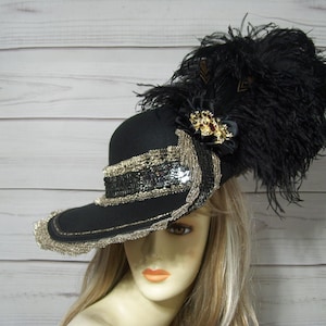 Cavalier Hat Black and Gold, Black Pirate Hat, Black Renaissance Hat, 17th Century Black Hat, 3 Musketeer Hat, Gasparilla Hat, 22.5" inside