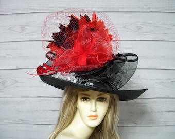 Ladies Black and Red Hat Kentucky Derby, Dress Hat, Horse Show Hat, Church, Mothers Day, USA Seller