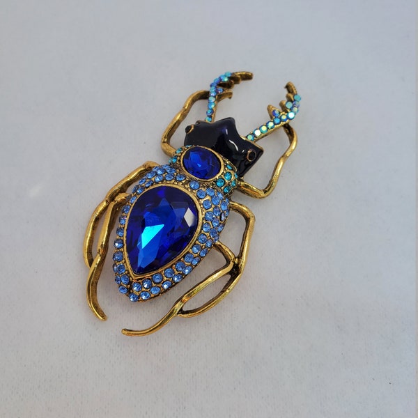 Large Blue Rhinestone Beetle Brooch, Beetle Lapel Pin, Beetle Scarf Pin, Blue Beetle Pin, Insect Brooch, SEE VIDEO